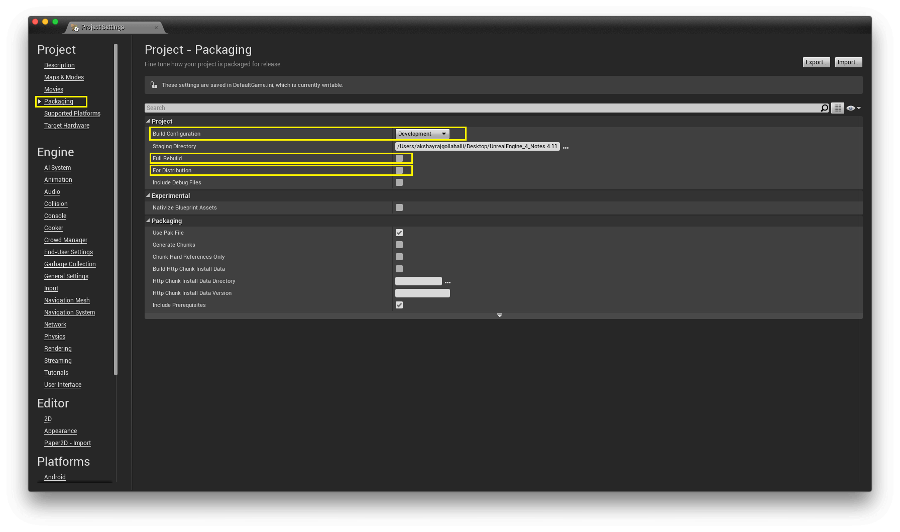 Project Settings Menu