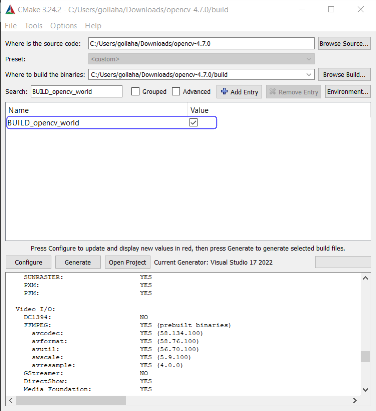 CMake GUI build opencv_world