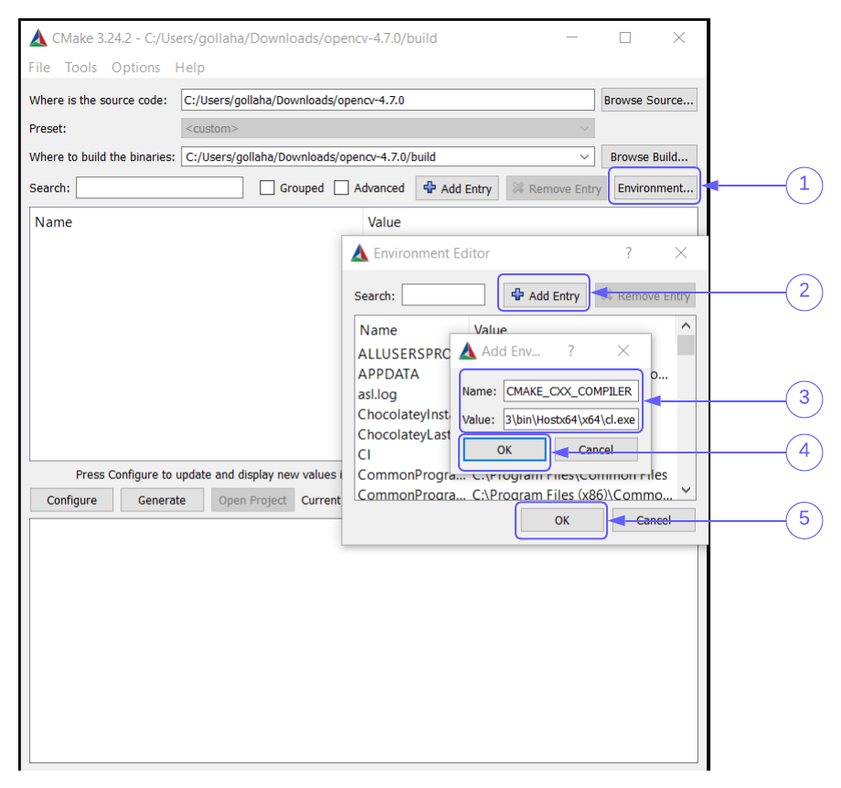 CMake GUI set compiler environment variables