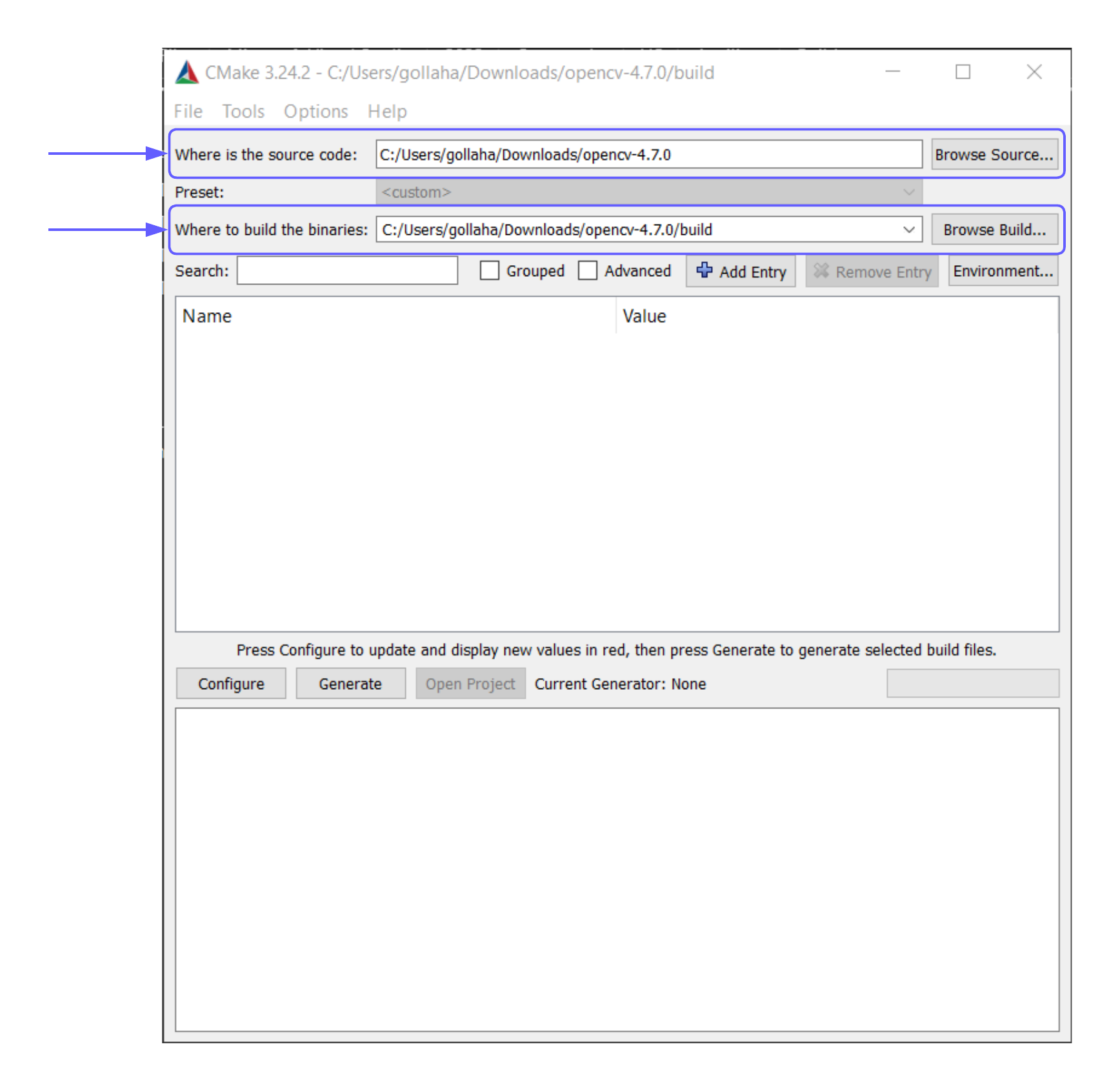 CMake GUI Source and Build Path