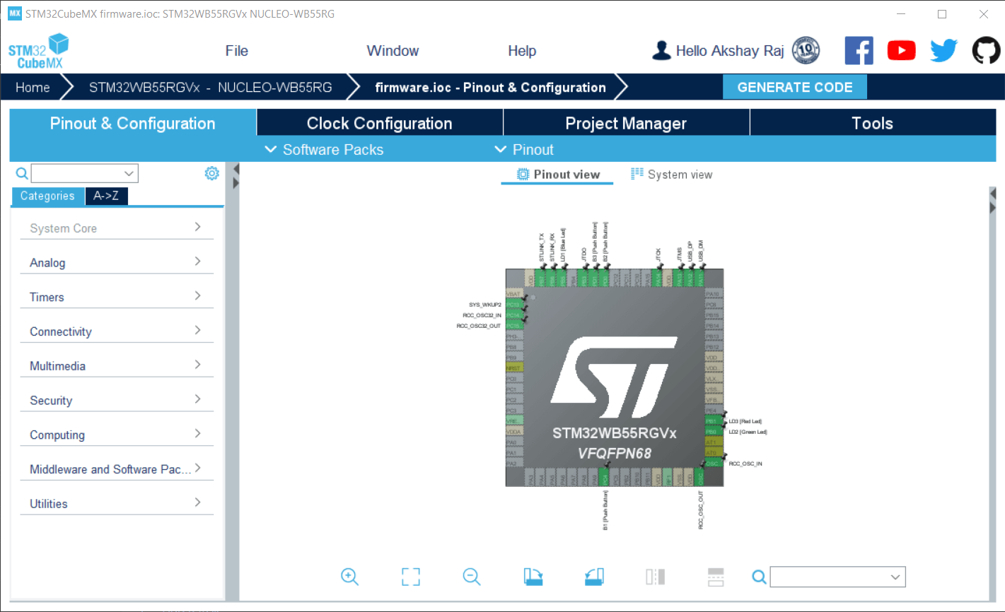 Pinout & Configuration tab after loading the project