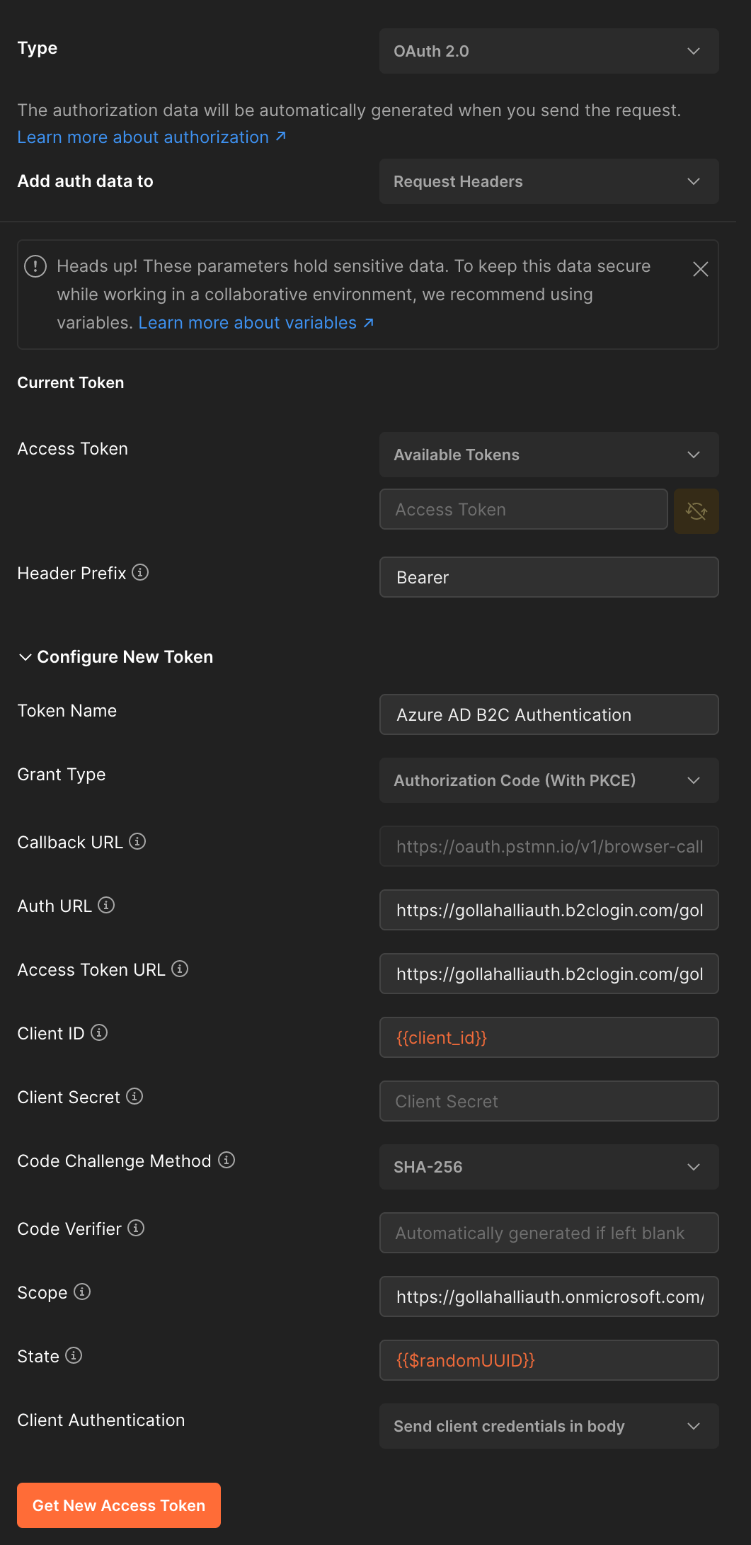 Screenshot of Postman authentication setup